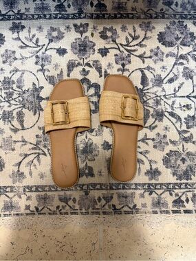 Universal Thread Tan Woven Slide Sandals with Buckle Detail